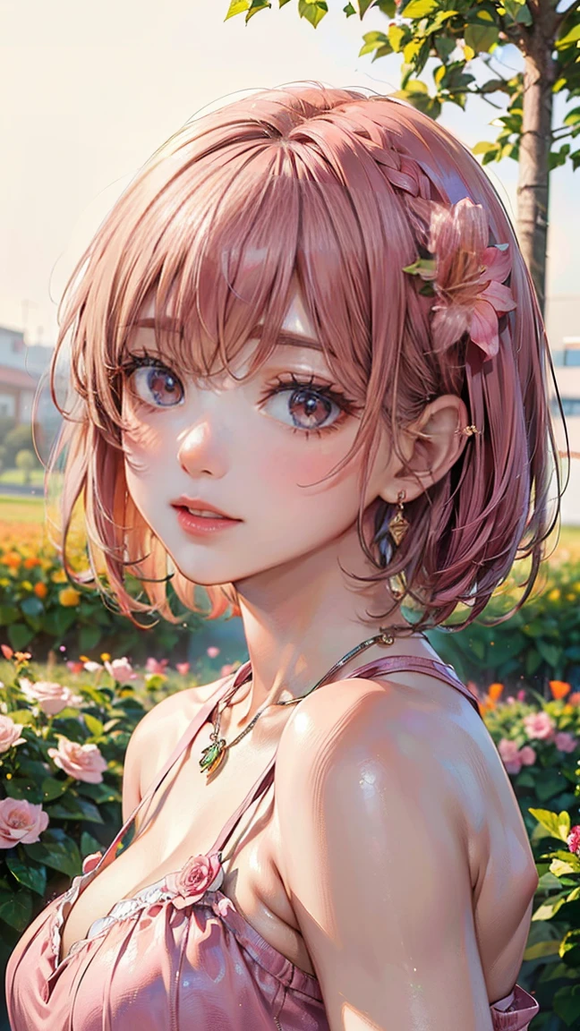 (Masterpiece, BestQuality:1.3), (ultra detailed:1.2), (hyperrealistic:1.3), (RAW photo:1.2), High detail RAW color photo, professional photograph, (Photorealistic:1.4), (realistic:1.4), professional lighting, perfect anatomy, (Big Breasts:1.2), (blush, detailed face), (cheerful Smile:1.5), Trending Hair&Trending Hairカラーをランダムに, earrings, necklace, bracelet, sexly, erotic sexly, Random sexy gravure poses, (A beautiful woman with pink hair wearing a pink dress、Smiling and posing sexy in a summer spring flower field。: 1.3)