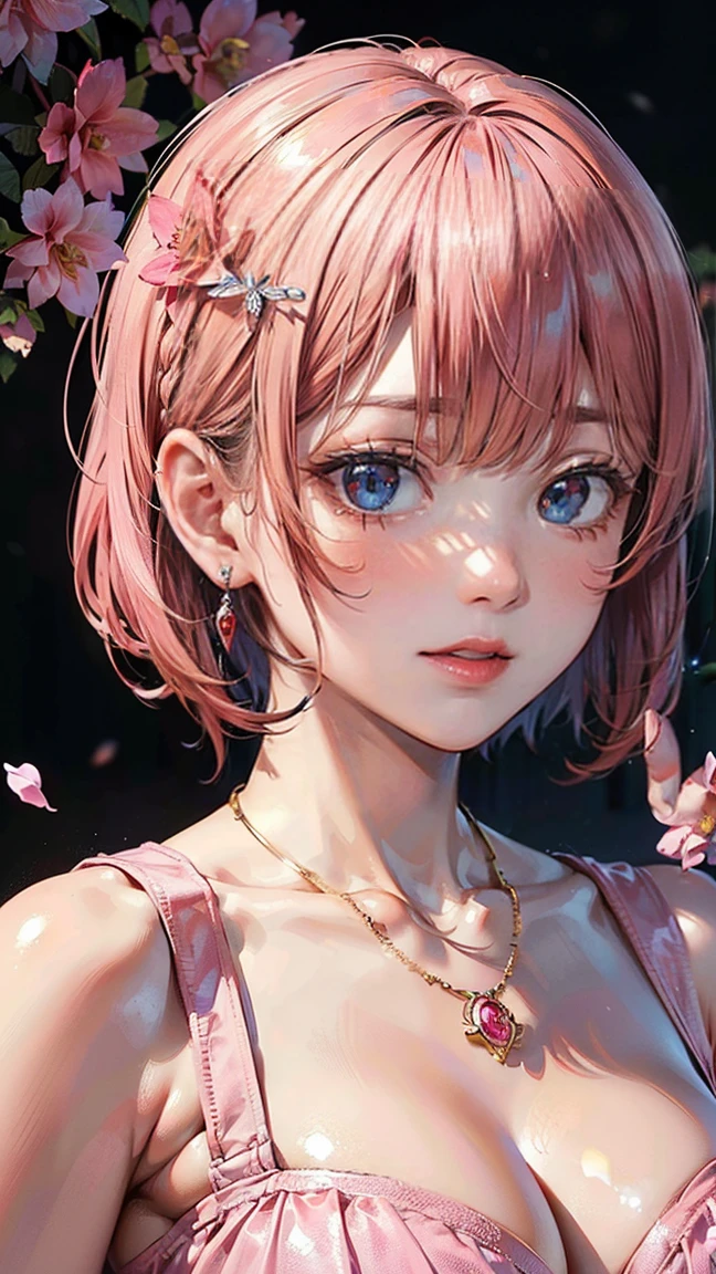 (Masterpiece, BestQuality:1.3), (ultra detailed:1.2), (hyperrealistic:1.3), (RAW photo:1.2), High detail RAW color photo, professional photograph, (Photorealistic:1.4), (realistic:1.4), professional lighting, perfect ???????, (Big Breasts:1.2), (blush, detailed face), (cheerful Smile:1.5), Trending Hair&Trending Hairカラーをランダムに, earrings, necklace, bracelet, sexy, erotic sexy, Random sexy gravure poses, (Beautiful woman wearing a pink dress。The background is a flower field。The expression is a shy smile。Her hairstyle is a short bob with pink hair.。The pose is with arms outstretched。:1.3)