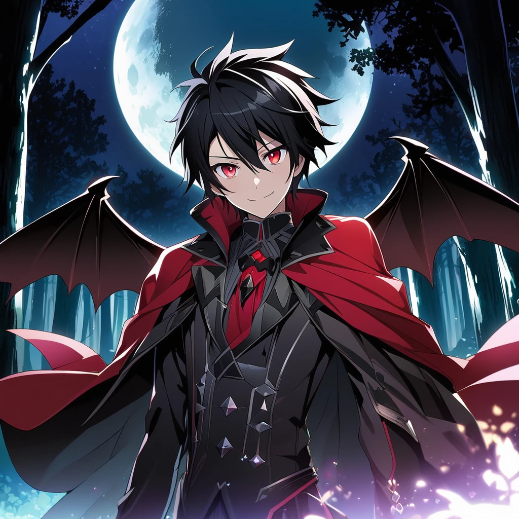 Hyakuya Yuuichiro \(AKB0048 Next Stage\), (short hair), (black hair), (ruby red eyes):1.2, black costume, smiling mischievously, cape, (demon wings), ((ultra-detailed)), ((illustration)), (neat hair)), (beautiful detailed eyes), male, 1boy, ((forest, night, moon)), looking at viewer