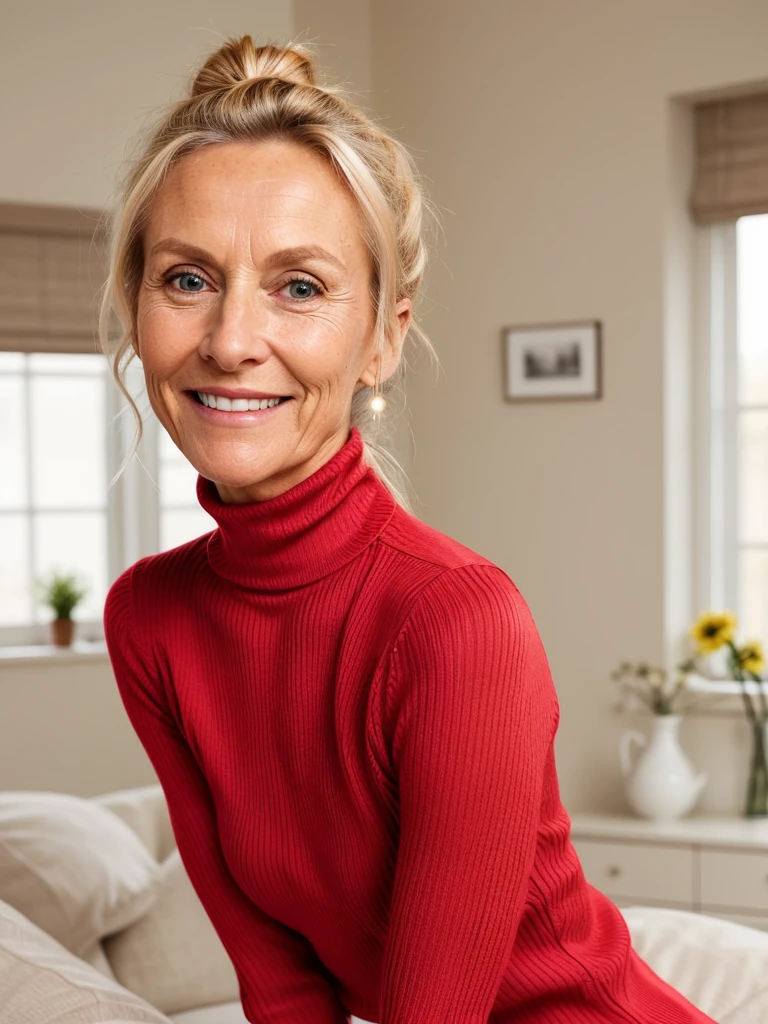 photo of a skinny very old wrinkly-faced faced mature blonde messy long hair thrown into a messy bun ponytail. She wears: (turtleneck soft high ribbed bright red super tight sweater:1.1), submissive seductive pose, high tight ribbed neck, seductive smile, perfect fake tits, horny eager granny, teasing sexy old lady, cum on her face, drenched in cum facial