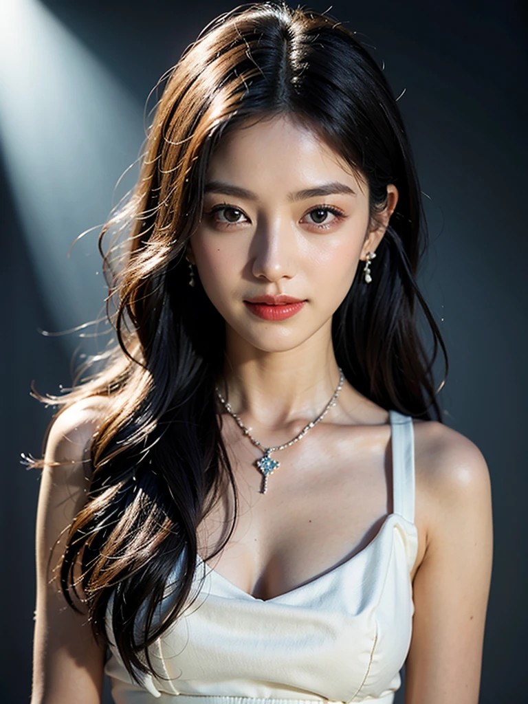 Best quality, masterpiece, high resolution, 1girl, clear silk porcelain dress, beautiful face, hair accessories, looking at the audience, smiling, close your mouth, lips, dress, hair accessories, necklaces, jewelry, long hair, earrings, beautiful face, on the body, Tindal effect, realism, dark studio, edge lighting, two-tone lighting, (high detail skin: 1.2), 8k UHD, DSLR, soft light, high quality, volumetric lighting, photo, high resolution 4K, 8k, blurred background