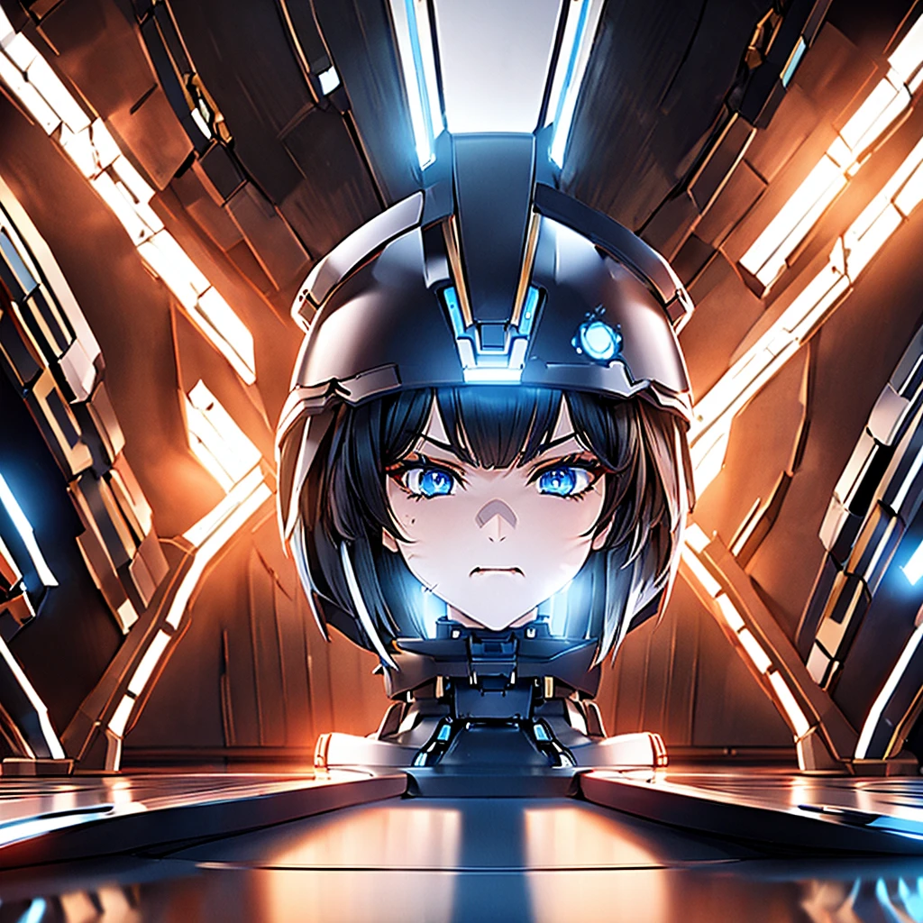 1girl, short black hair, blue eyes, robot body, angry face, black steel masker, close up, 8K, Hi-Res