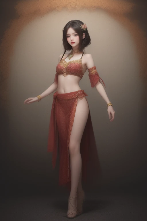 Chinese beauty standing and dancing on the water, Gorgeous costumes,It was embroidered with intricate embroidery., Tullai, The arms are tied with a long clear ribbon., Inspiration from the Bindunhuang Mural, Showing your navel, shoulder, neck, Black curly hair good,Flower hairpin, ribbon on armband, wreath, bracelet, Anklet, Metal chain tassel at waist, Mogao Cave Art, ink painting, Pop music station CG,short hair,good, red hair