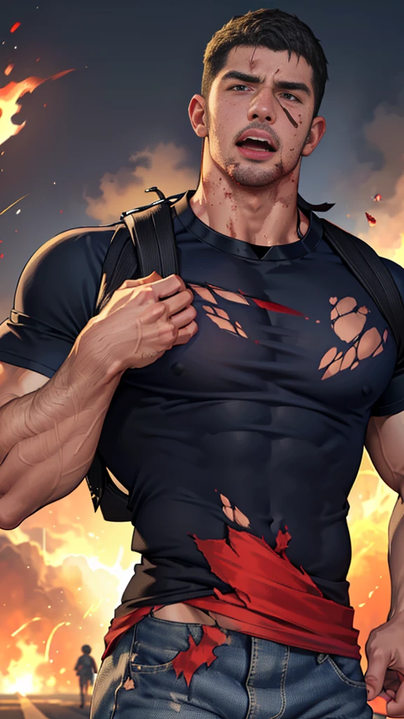 (Create a masterpiece: 1.2),(CGI art:1.3),(realistic:1.5),(After processing:1.3),(Sharp focus:1.3), (man Fight, join in battle:1.5 ), straight, front ,Chris Redfield ,(black hair), smile open mouth, (Wear color navy round neck T-shirt: 1.5), (with a Police badge: 1.2), navy cargo, (Torn shirt:1.6), (wound: 1.3) , (blood splatters) ,( abrasions on face: 1.5), (Blood stains on the face and body: 1.4), Korean guy , korean men, (High gloss details), chest muscles, large arm muscles, blood vessel, Big muscles, Broad shoulders, looking at the audience, Balancing the eyes, middle of the road , (Carrying a black backpack: 1.3) ,(Fire blazes behind) ,(open mouth:1.6)
