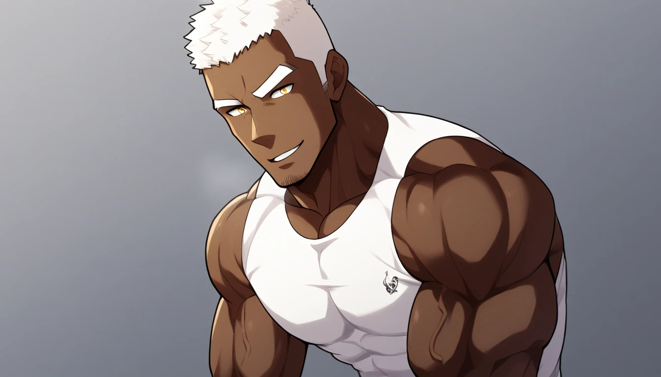negro，negro，negro，anime characters：Gyee, Fitness coach, negro black skin, 1 muscular tough guy, Manliness, male focus, Cream White Sleeveless Tight T-Shirt, Very tight, The pectoral muscles are oversized, Slightly transparent, muscular male, muscular, only, Upper body, alone, White short hair, Thick eyebrows, stubble, Yellow eyes, Grey background, simple background, amazing quality, best aesthetics, Ridiculous, bright pupils, crew cut, parted lips, seductive smile, torogao, naughty face, drop shadow, best quality