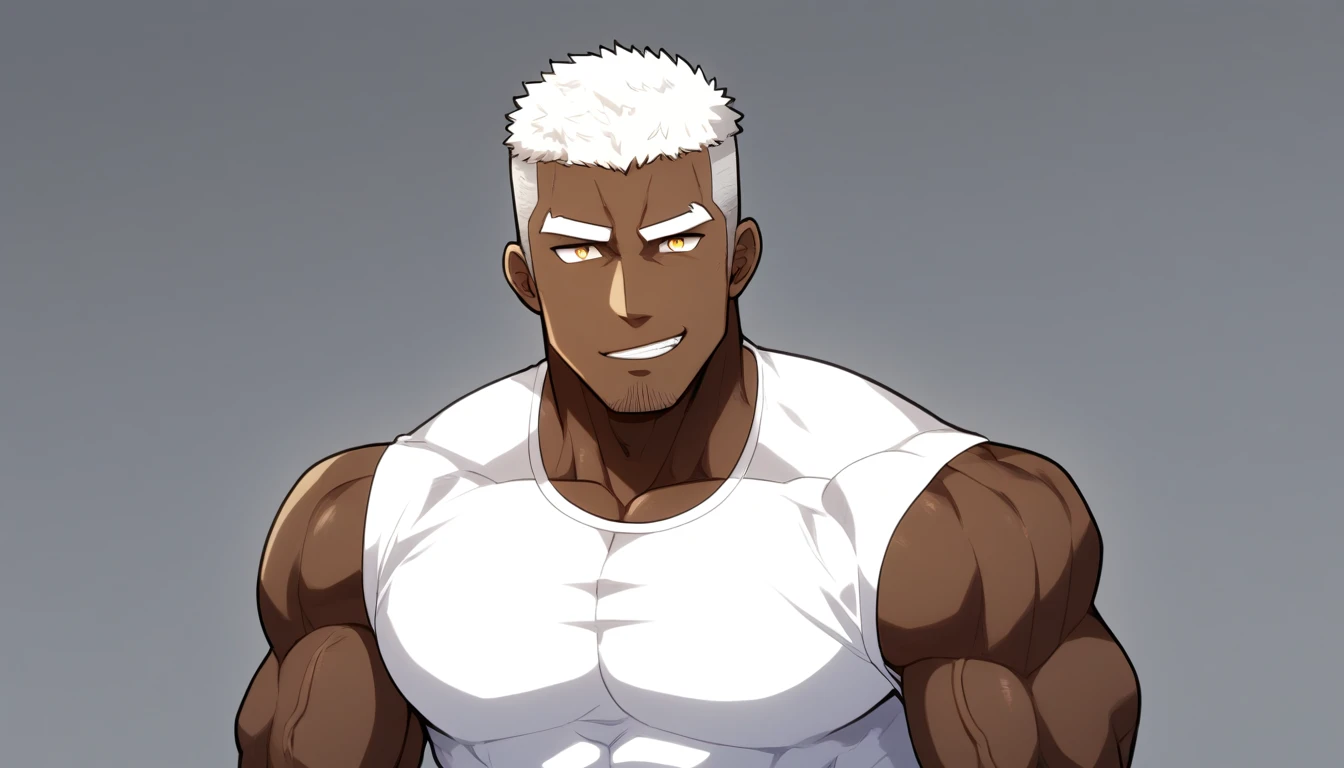negro，negro，negro，anime characters：Gyee, Fitness coach, negro black skin, 1 muscular tough guy, Manliness, male focus, Cream White Sleeveless Tight T-Shirt, Very tight, The pectoral muscles are oversized, Slightly transparent, muscular male, muscular, only, Upper body, alone, White short hair, Thick eyebrows, stubble, Yellow eyes, Grey background, simple background, amazing quality, best aesthetics, Ridiculous, bright pupils, crew cut, parted lips, seductive smile, torogao, naughty face, drop shadow, best quality