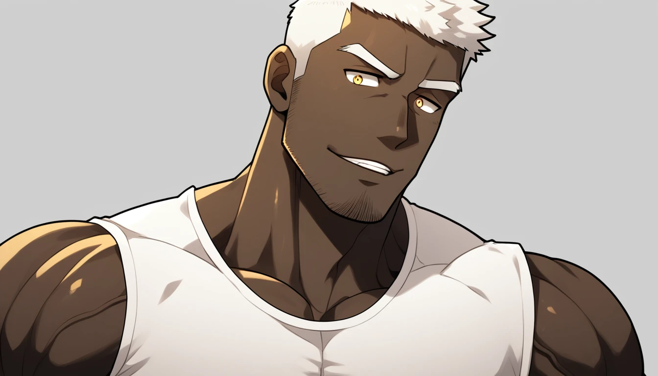 negro,negro,negro,anime characters:Gyee, Fitness coach, negro black skin, 1 muscular tough guy, Manliness, male focus, Cream White Sleeveless Tight T-Shirt, Very tight, The pectoral muscles are oversized, Slightly transparent, muscular male, muscular, only, Upper body, alone, White short hair, Thick eyebrows, stubble, Yellow eyes, Grey background, simple background, amazing quality, best aesthetics, Ridiculous, bright pupils, crew cut, parted lips, seductive smile, torogao, naughty face, drop shadow, best quality