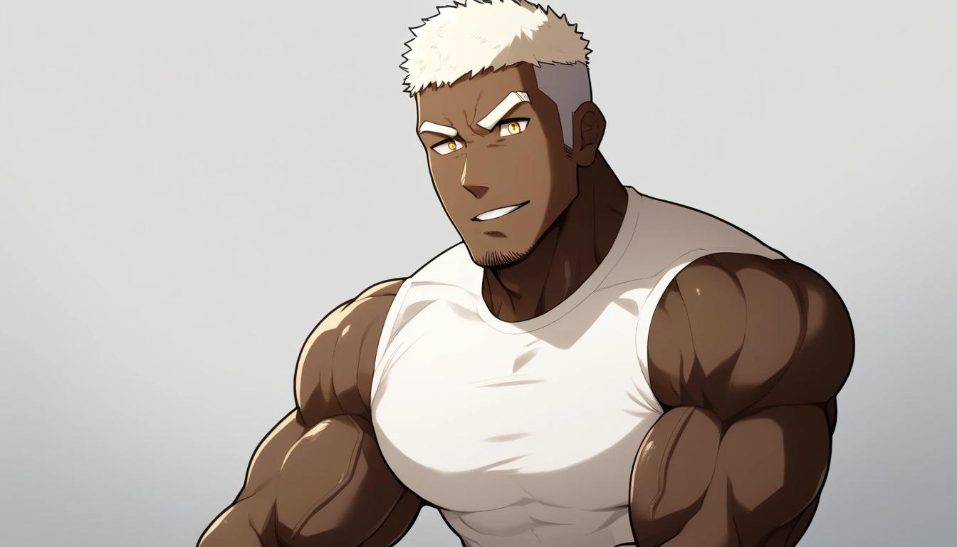 negro,negro,negro,anime characters:Gyee, Fitness coach, negro black skin, 1 muscular tough guy, Manliness, male focus, Cream White Sleeveless Tight T-Shirt, Very tight, The pectoral muscles are oversized, Slightly transparent, muscular male, muscular, only, Upper body, alone, White short hair, Thick eyebrows, stubble, Yellow eyes, Grey background, simple background, amazing quality, best aesthetics, Ridiculous, bright pupils, crew cut, parted lips, seductive smile, torogao, naughty face, drop shadow, best quality