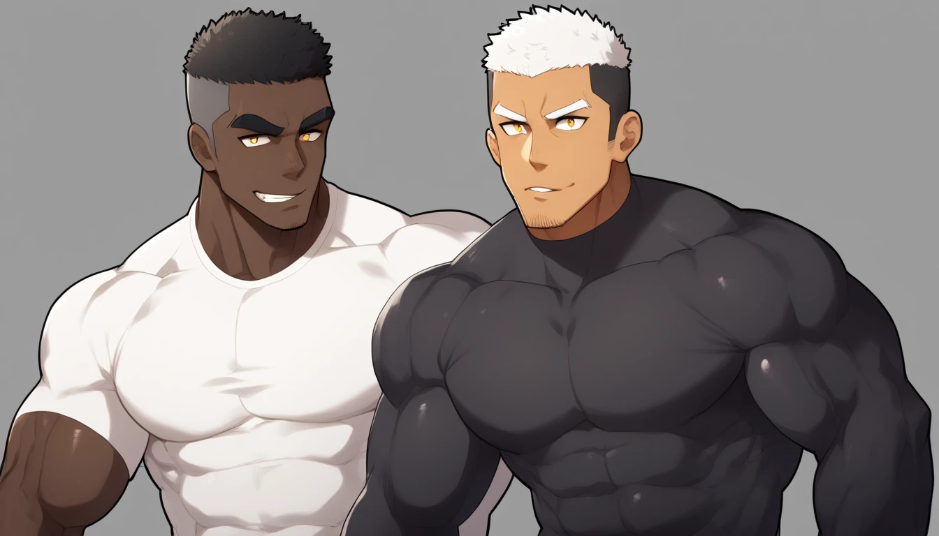 negro,negro,negro,anime characters:Gyee, Fitness coach, negro black skin, 1 muscular tough guy, Manliness, male focus, Cream White Sleeveless Tight T-Shirt, Very tight, The pectoral muscles are oversized, Slightly transparent, muscular male, muscular, only, Upper body, alone, White short hair, Thick eyebrows, stubble, Yellow eyes, Grey background, simple background, amazing quality, best aesthetics, Ridiculous, bright pupils, crew cut, parted lips, seductive smile, torogao, naughty face, drop shadow, best quality