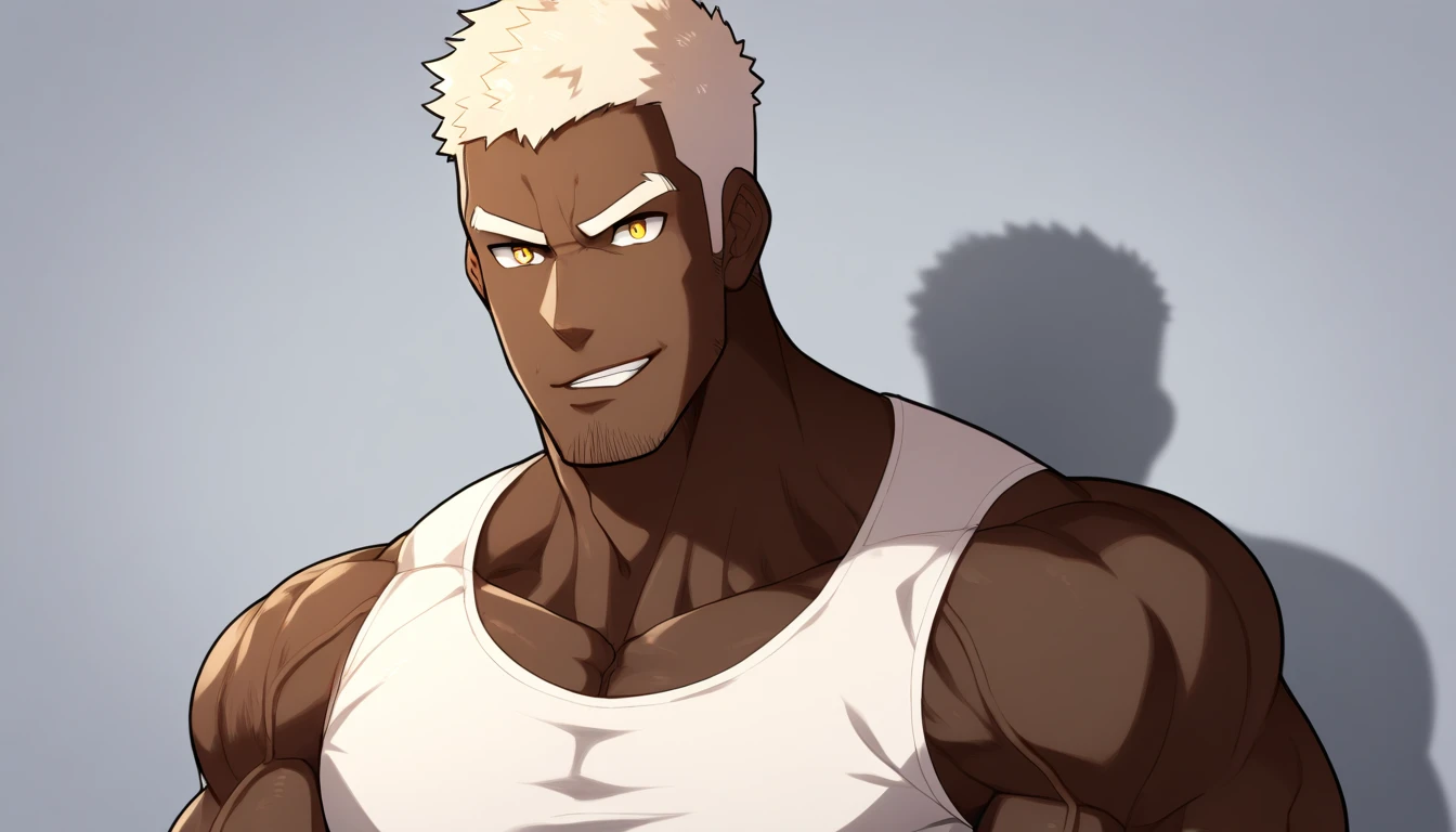 negro，negro，negro，anime characters：Gyee, Fitness coach, negro black skin, 1 muscular tough guy, Manliness, male focus, Cream White Sleeveless Tight T-Shirt, Very tight, The pectoral muscles are oversized, Slightly transparent, muscular male, muscular, only, Upper body, alone, White short hair, Thick eyebrows, stubble, Yellow eyes, Grey background, simple background, amazing quality, best aesthetics, Ridiculous, bright pupils, crew cut, parted lips, seductive smile, torogao, naughty face, drop shadow, best quality