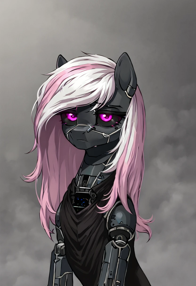 Earth pony, white mane,light blue cybernetic eyes, cybernetic body,black sclera ,black body color  long mane ,pony  ,horny pink  eyes  sad, black dress,funeral 