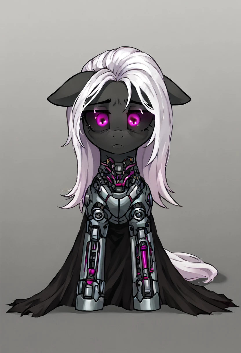 Earth pony, white mane,light blue cybernetic eyes, cybernetic body,black sclera ,black body color  long mane ,pony  ,horny pink  eyes  sad, black dress,funeral 