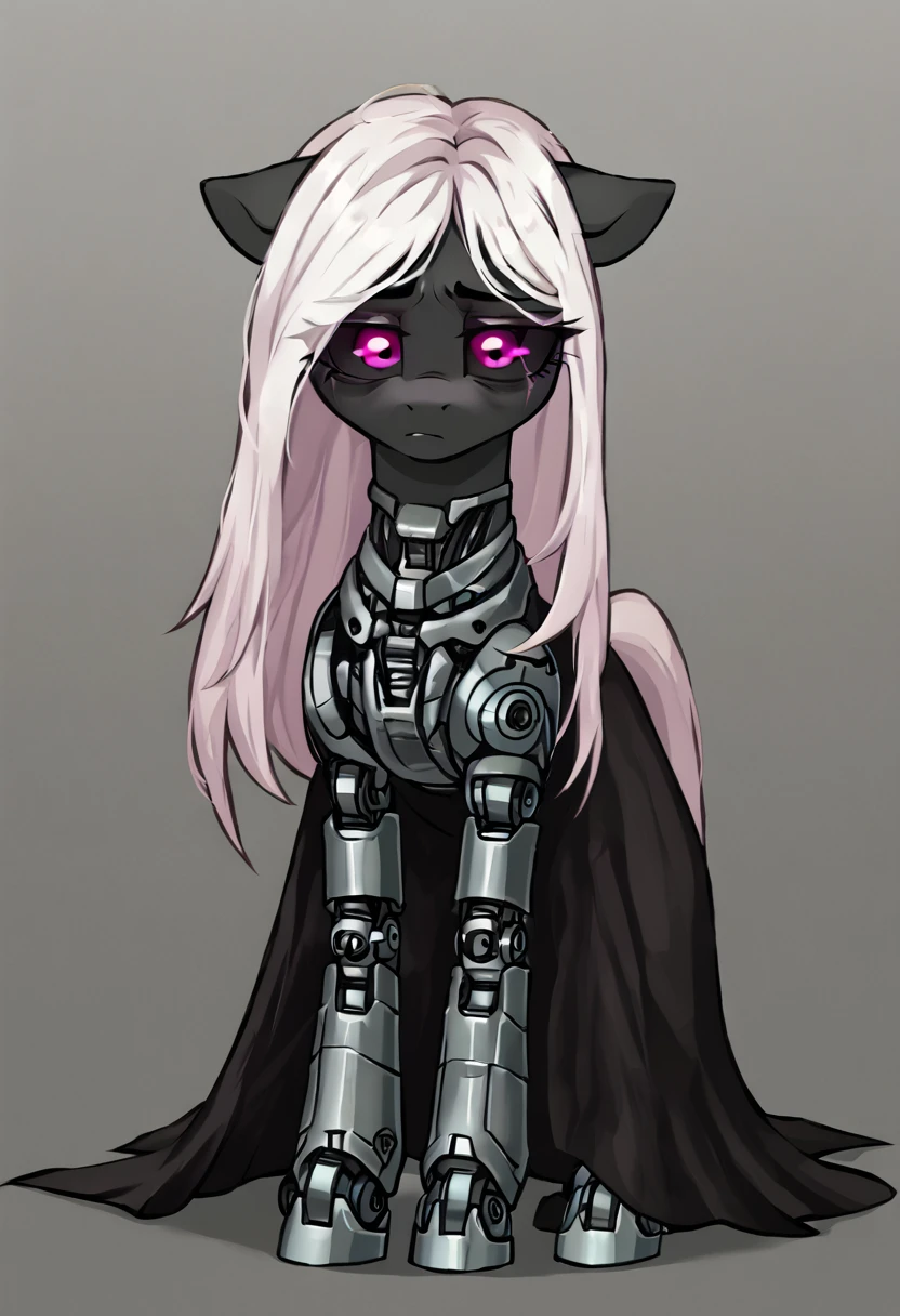 Earth pony, white mane,light blue cybernetic eyes, cybernetic body,black sclera ,black body color  long mane ,pony  ,horny pink  eyes  sad, black dress,funeral 