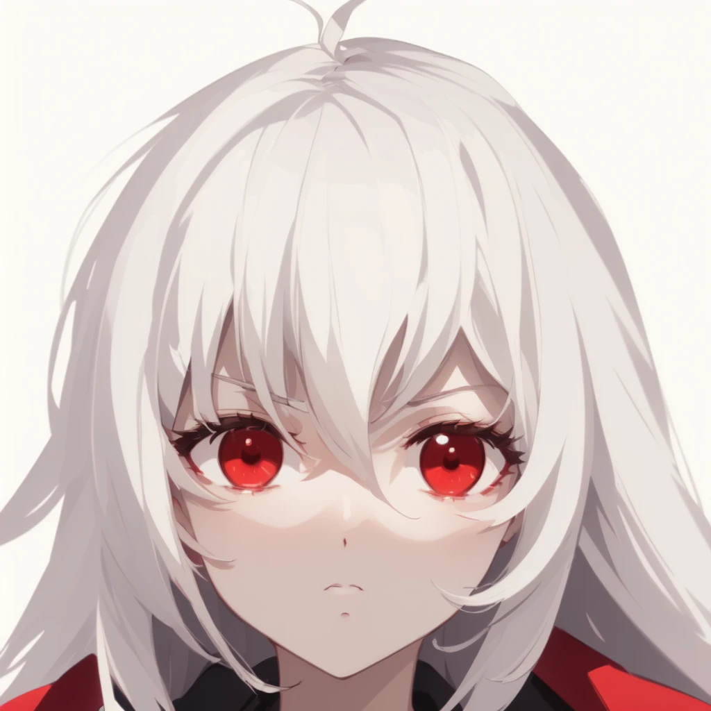 masterpiece, best quality, comic, girl, profile, long hair, white hair, expressionless, looking at viewer, red eyes, avatar, sad, ahoge, 