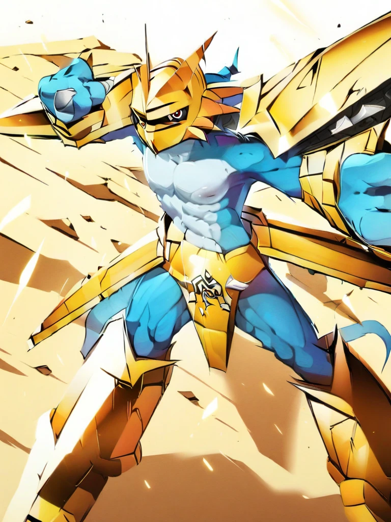 solo,Magnamon,tall, blue and white skin,(battle damaged:1.5),(topless Magnamon:2),(armor fragments:1.5),(shirtless:1.5), fighting_stance, in desert ,full_shot