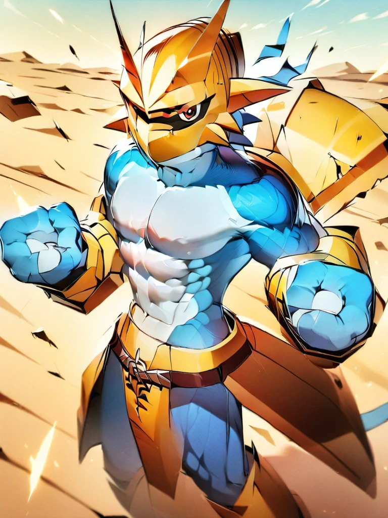 solo,Magnamon,tall, blue and white skin,(battle damaged:1.5),(topless Magnamon:2),(armor fragments:1.5),(shirtless:1.5), fighting_stance, in desert ,full_shot