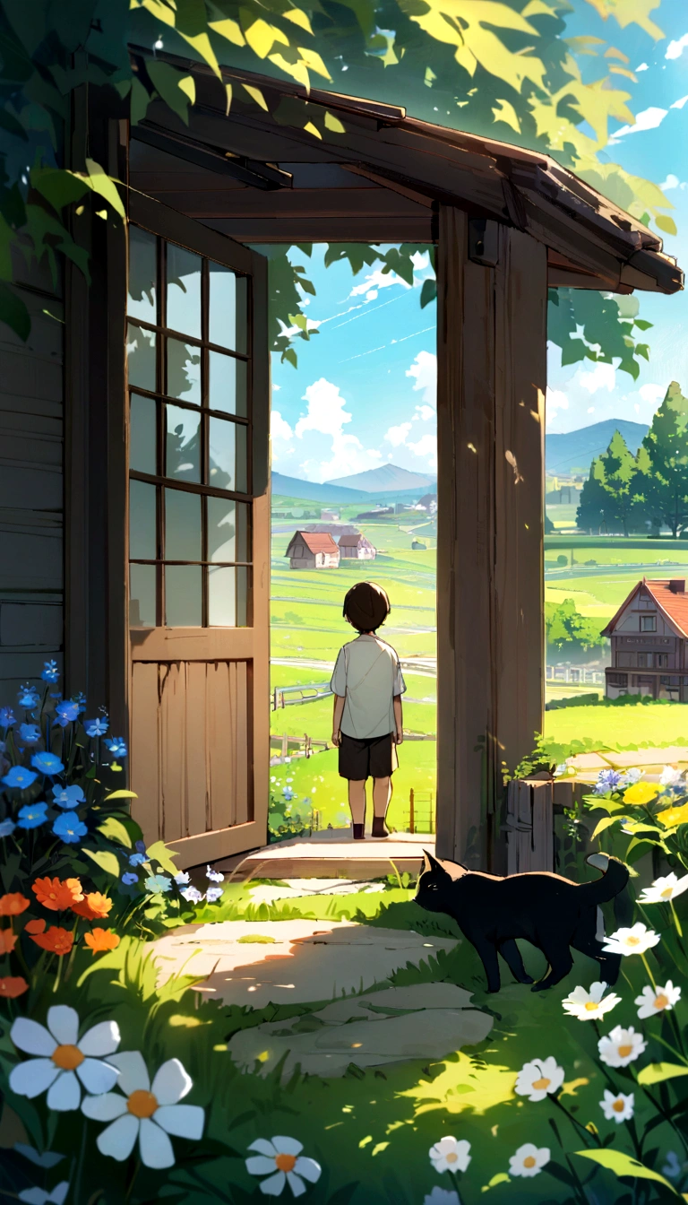 Peaceful world scenery, Wildflowers, wood, The sun shines in the blue sky, Some houses and fields in the background, In the distance, A young man with short dark brown hair and light-colored clothing、Looking at the scenery with a black cat。, masterpiece, high quality, In a gentle garden landscape style.