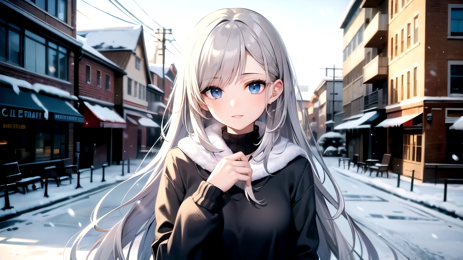 ((best quality)), ((masterpiece)), (detailed), 1 woman, silver long hair, winter, snowy city, Snow falls