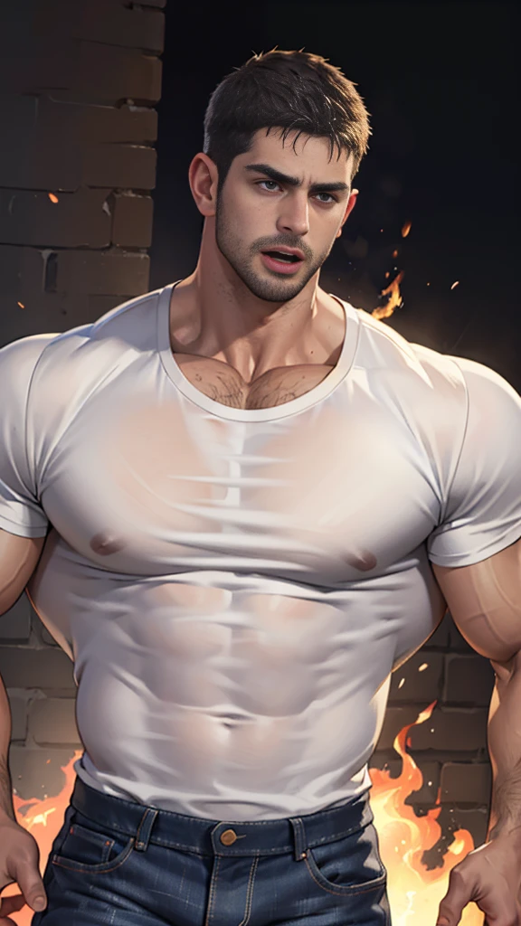 Masterpiece, denoise, void noise, one man, best quality, 8k resolution, male focus, focus only, amazing composition, volumetric lighting, super quality, elegant, Very detailed, front view, facing viewer, -----------, 35 years old, mature face, muscular, Caucasian, (((white skin, pale skin))), handsome, (detailed light-blue eyes), ((dark black hair, messy medium hairstyle)), big ears, (dark black hairy pectorals, thick plenty chest and body hair), (medium long beard), (((((Jim Sturgess mixed with Russell Tovey))))), (((big nipples, perky nipples))), ------------, ((((Detailed see-through white pants)))), (((detailed full hoodie opening it))), (((dark room))),