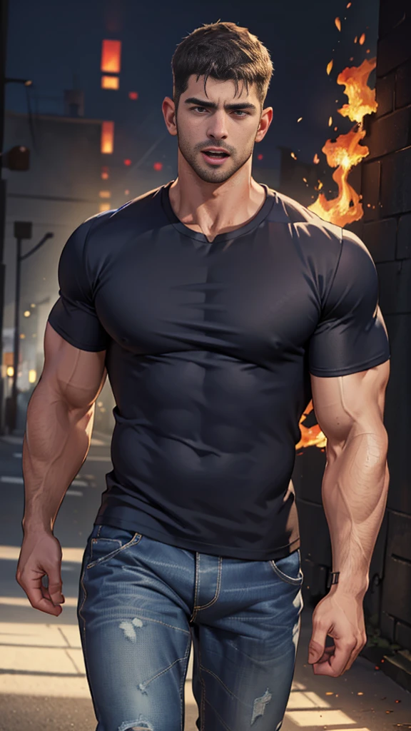 (Create a masterpiece: 1.2),(CGI art:1.3),(realistic:1.5),(After processing:1.3),(Sharp focus:1.3),1 man , straight, front ,Chris Redfield , (round neck T-shirt:1.2) ,Wear color navy round neck T-shirt with a police badge: 1.4), Navy blue jeans, Korean guy , korean men, (High gloss details), chest muscles, large arm muscles, blood vessel, Big muscles, Broad shoulders, looking at the audience, Balancing the eyes, middle of the road ,dark black gloomy hallway in the background, detailed face, shadow, volumetric lighting ,(open mouth:1.6) ,(Fire blazes behind), (run to camara)