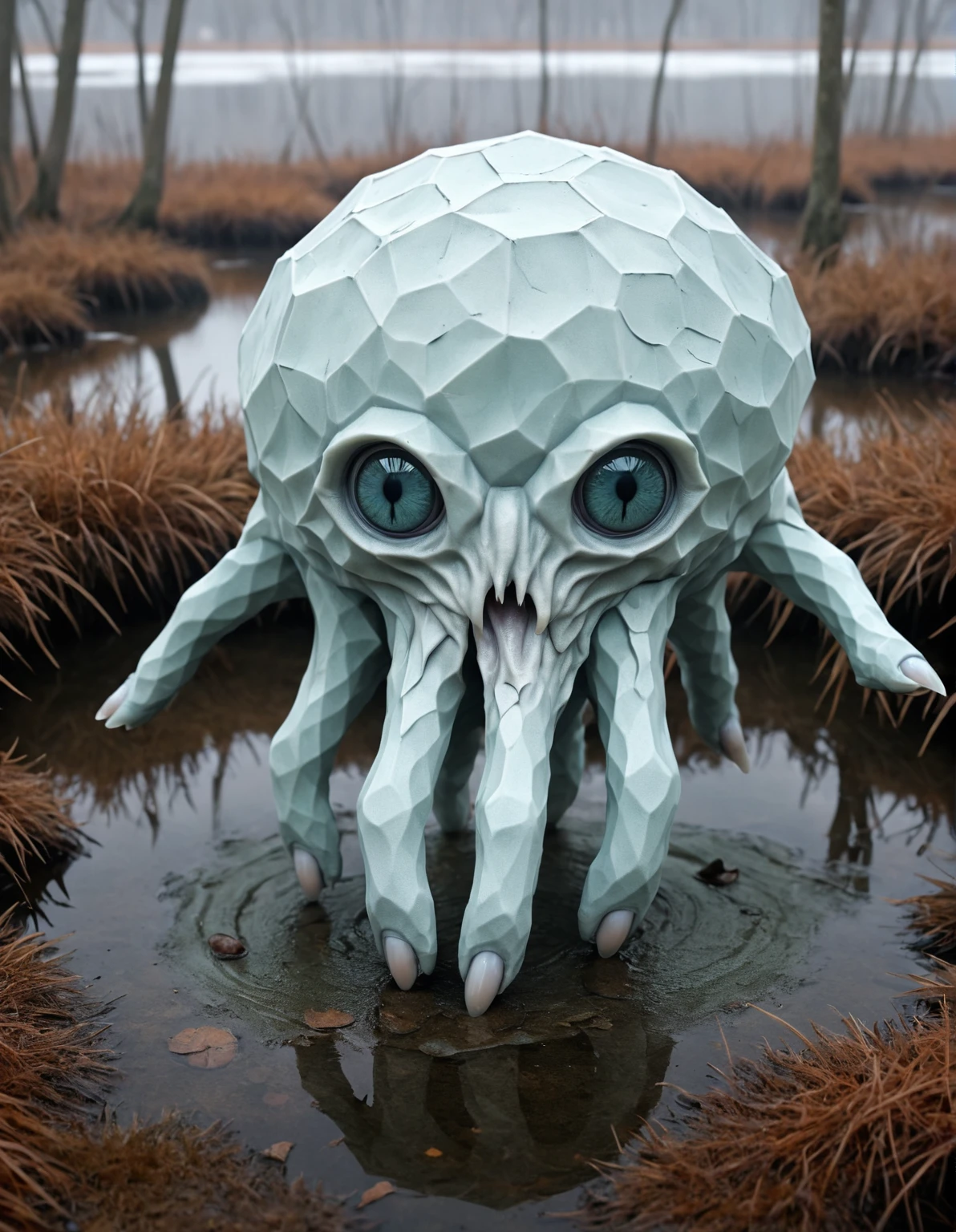 hyper detailed masterpiece, dynamic realistic digital art, awesome quality,magnificent court,inclusive marsh,hexagon surroundings depth peeling,illusory escapism, depressing,eldritch,frosty,stagnant,  Large Ethereal Ephemeral playful blob-like soul, Legless Trimanual, five-fingered hands, nine-Tailed, Short-Tailed, Leathery Skin,    , 