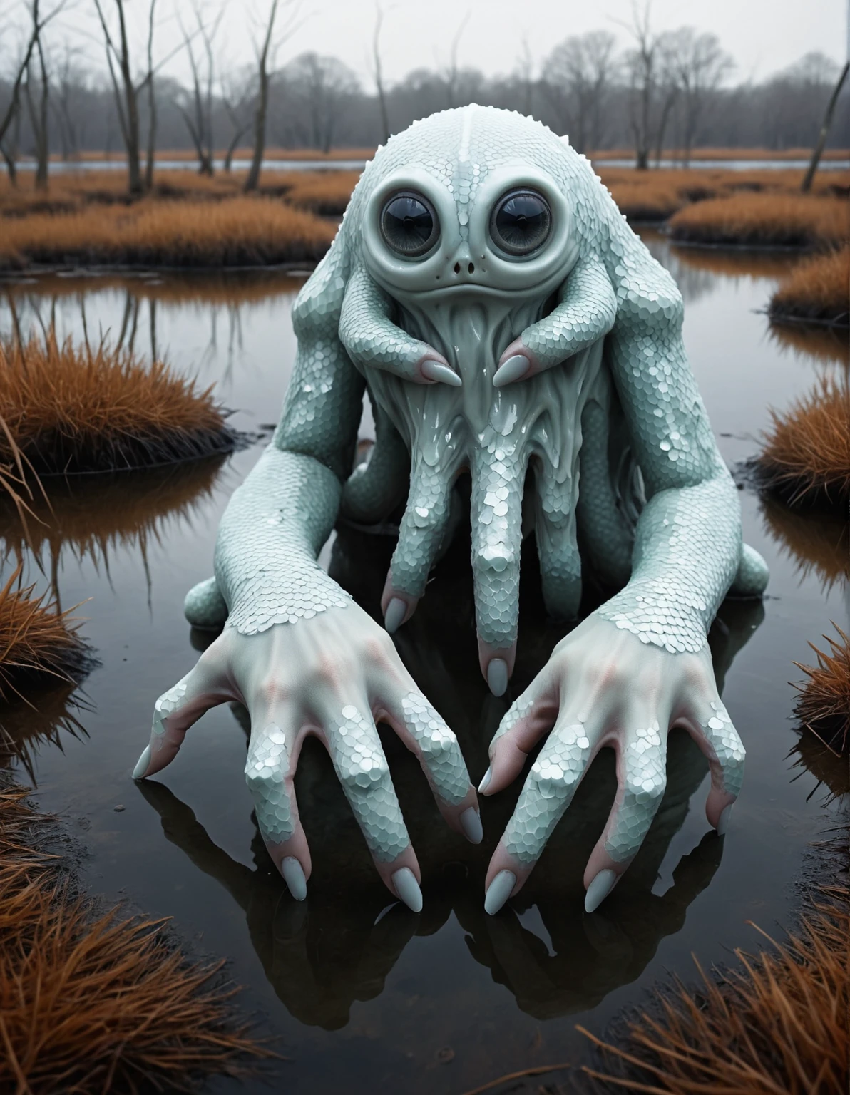 hyper detailed masterpiece, dynamic realistic digital art, awesome quality,magnificent court,inclusive marsh,hexagon surroundings depth peeling,illusory escapism, depressing,eldritch,frosty,stagnant, Large Ethereal Ephemeral playful blob-like soul, Legless Trimanual, five-fingered hands, nine-Tailed, Short-Tailed, Leathery Skin, ,