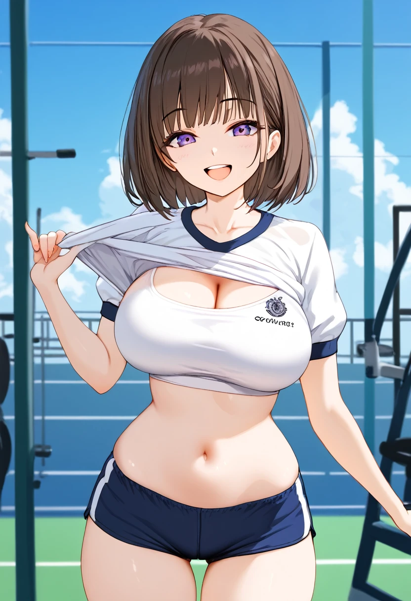 1girl, ultra high res ,looking at viewer ,smile, open mouth, large chest, gym shirt, shorts,exposed tummy