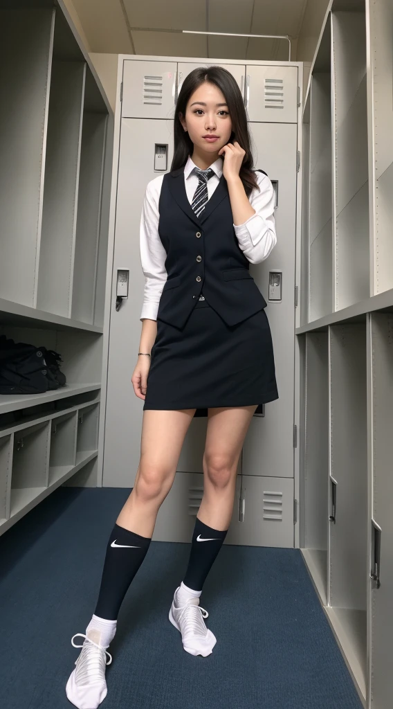 run-6500-v1.1, (RAW Photos : 1.2), (Realistic), (Genuine: 1.4). 1 girl, Perfect Anatomy, 24years old. Looking into the camera. ひざ下White socks are beautiful, Medium Long Hair, Plaid vest, ((Change clothes in the locker room: 1.3) ).
(Trying on some ultra-realistic black ひざ下socks : The socks have the NIKE logo on them.:
1.2), (High heels), (Business services), Asian Eyes Ella, Wearing nice ひざ下white socks.