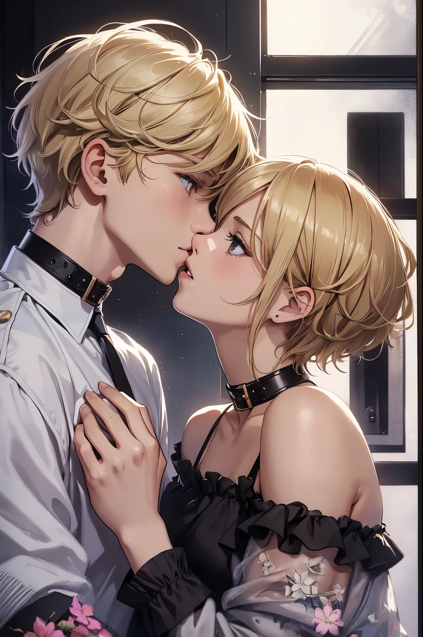 (Highest quality, Very detailed, Indoor Scene, High resolution, masterpiece:1.2), Portraiture, Detailed faces and features, Japanese boy’s couple 1.8, ((One Japan Boy:Blonde Short Hair)), ((One Japan Boy:Black short hair 1.8)),((boy's Kissing scene 1.8)),Girly Boy, Tomboy, Girly Boy, trap, Natural Makeup, ((Kissing scene 1.8)), Black Choker,,boy&#39;Face, Are crying, Blushing, Casual Dresses, Vibrant colors, Soft lighting