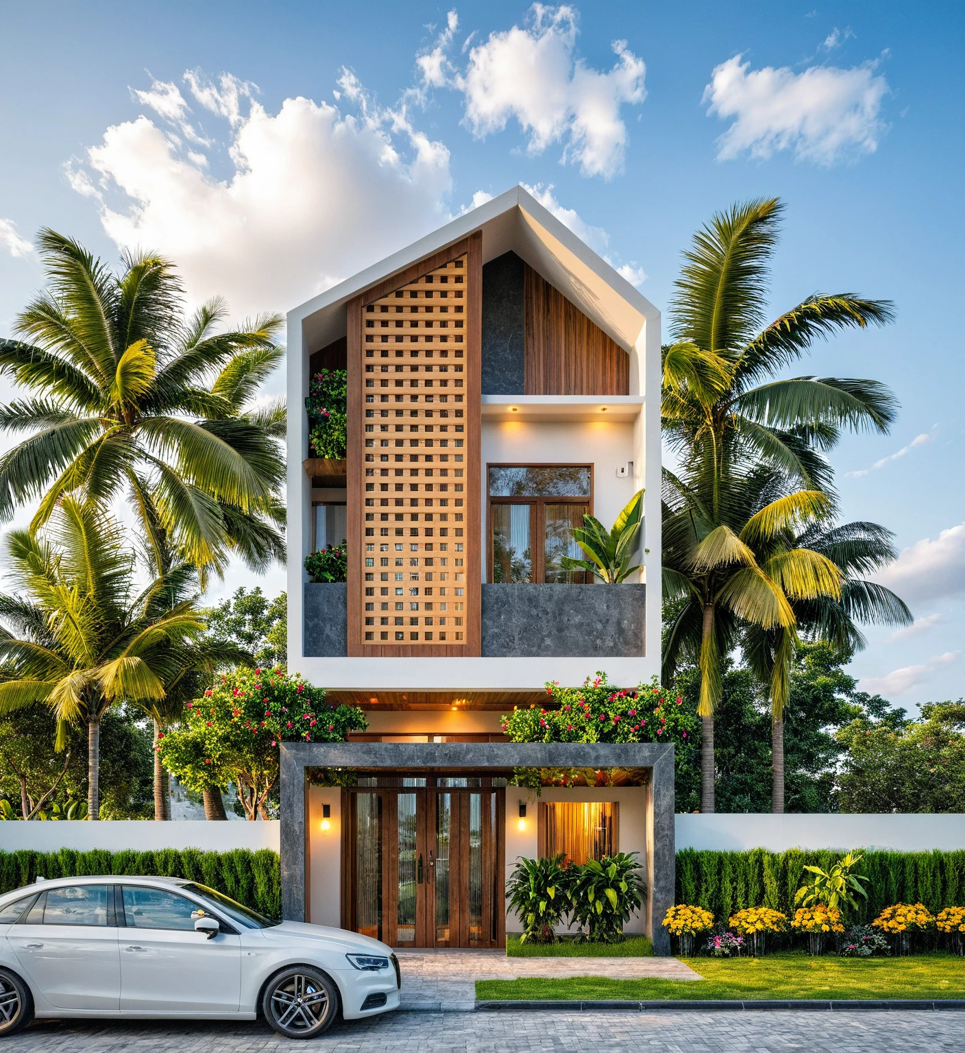 Masterpiece, high quality, best quality, authentic, super detailed, outdoor, aiaigroup, modern 2-storey townhouse style, stairs, white wall combined with wood, wind encaustic tiles, iron gate, ceiling conwood, flowers, path, summer evening, grass, trees, sky, clouds, (daylight: 1.1)