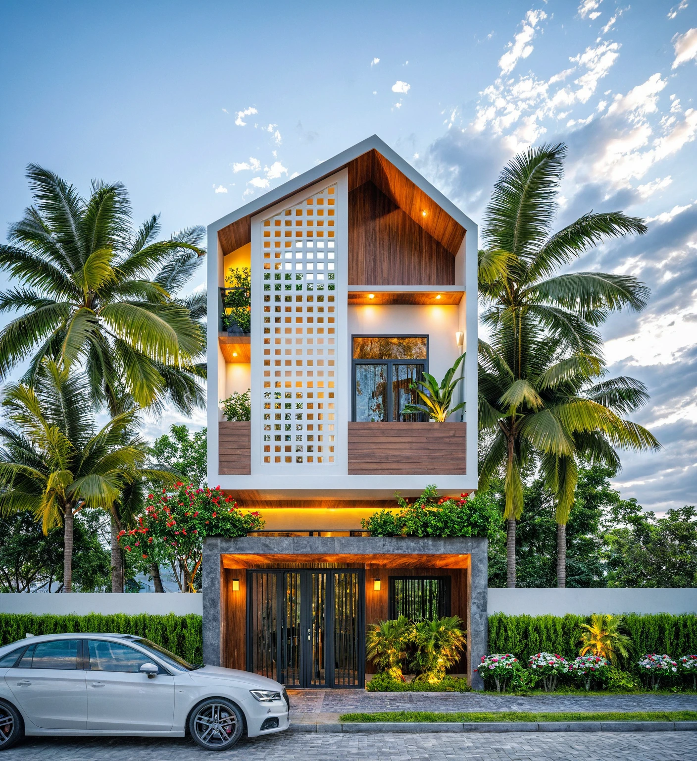 Masterpiece, high quality, best quality, authentic, super detailed, outdoor, aiaigroup, modern 2-storey townhouse style, stairs, white wall combined with wood, wind encaustic tiles, iron gate, ceiling conwood, flowers, path, summer evening, grass, trees, sky, clouds, (daylight: 1.1)