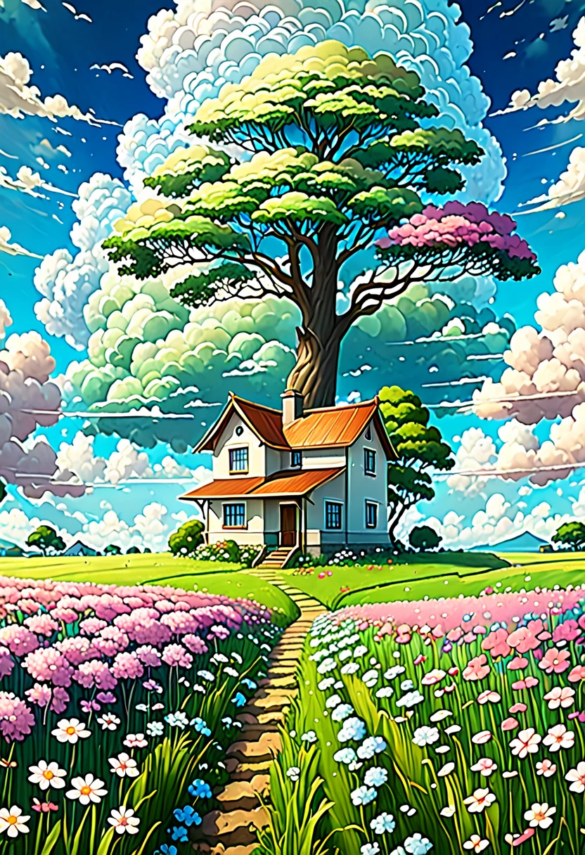 A highly detailed 8K anime wallpaper illustrating a peaceful house in a flower-filled field, accompanied by a large tree and puffy clouds in the sky. The artwork blends the unique styles of Cyril Rolando, Goro Fujita, and Makoto Shinkai, creating a breathtaking countryside landscape. High resolution, no blur."
