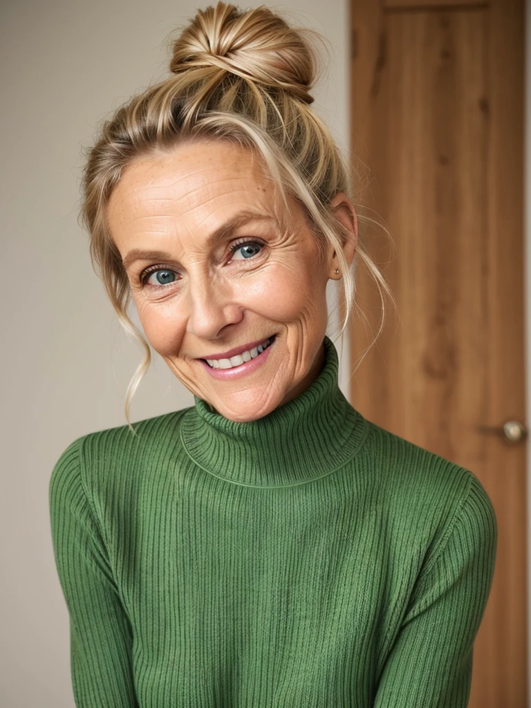 photo of a skinny very old wrinkly-faced faced mature blonde messy long hair thrown into a messy bun ponytail. She wears: (turtleneck soft high ribbed bright green super tight sweater:1.1), submissive seductive pose, high tight ribbed neck, seductive smile, perfect fake tits, horny eager granny, teasing sexy old lady