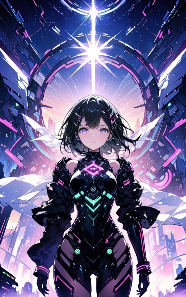 Highest quality ,masterpiece, shape, Very delicate and beautiful, Very detailed ,CG ,Unity ,8k wallpaper, wonderful, finely, masterpiece,Highest quality,Official Art,Very detailed CG Unity 8k wallpaper,Confused, incredibly Confused, Very detailedな, High resolution, Very detailed,Beautiful detailed girl,The light shines on your face, 1 Girl, Mecha, armor, Mechanical_body, Black Hair, Spaceship, city, cyber punk, star_null,