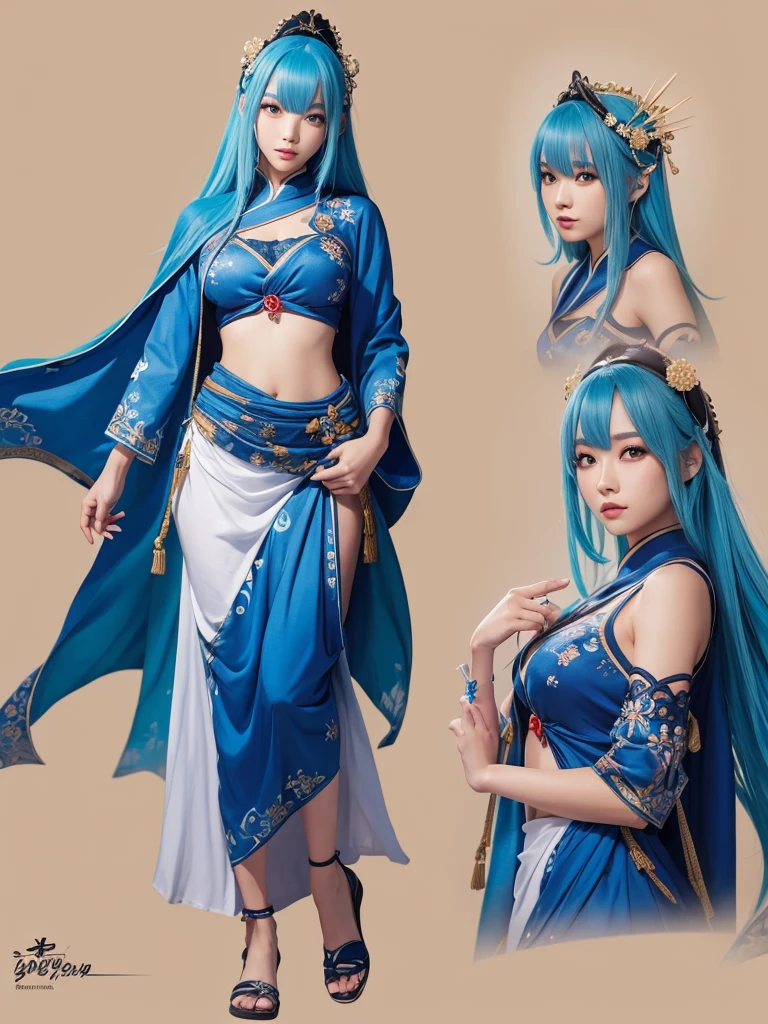 "A full-body illustration of an Asian-inspired beautiful girl with blue hair, depicted in a realistic art style."