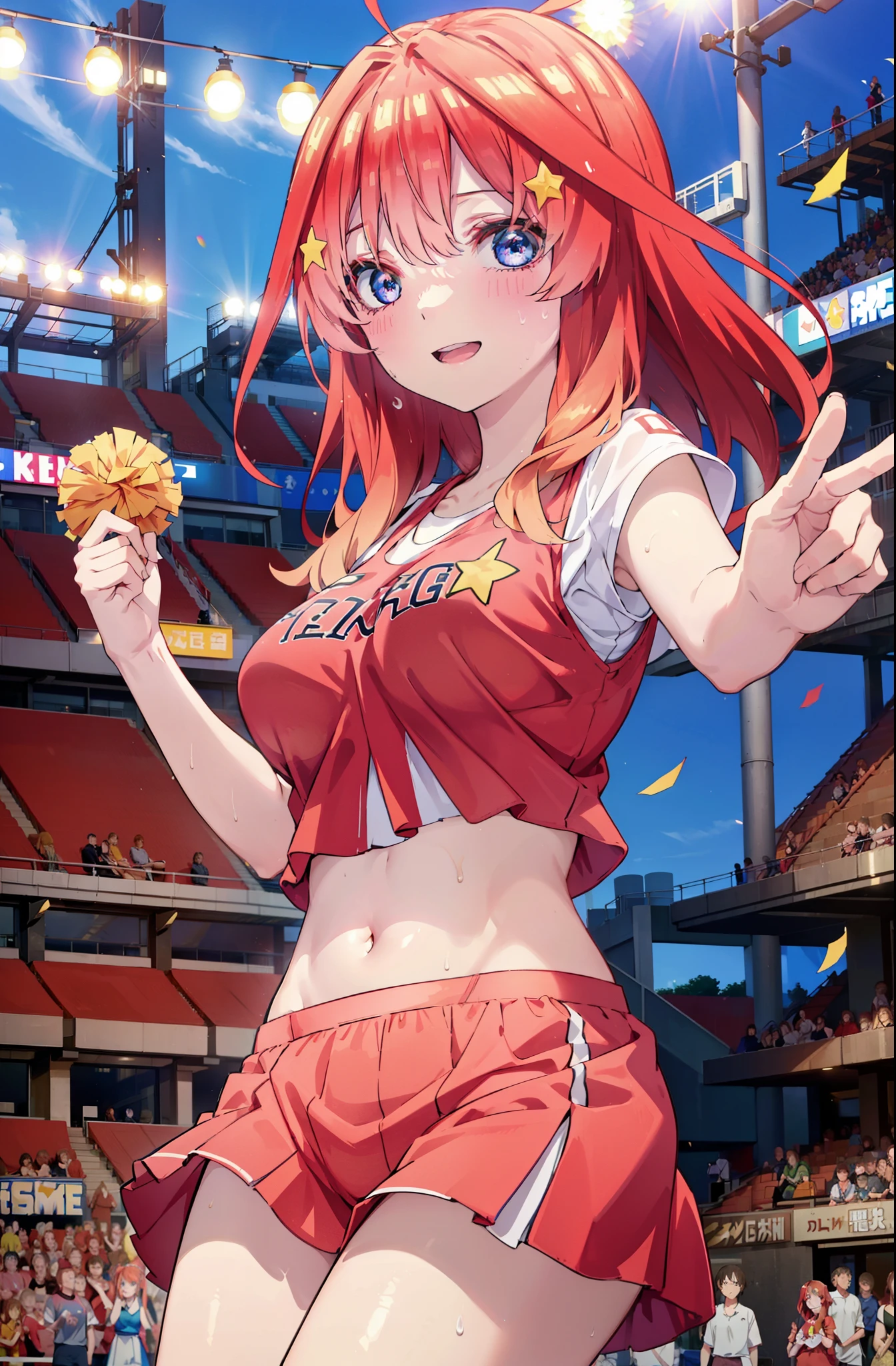 itsukinakano, Itsuki Nakano, bangs, blue eyes, hair between eyes, Ahoge, Redhead, star \(symbol\), happy smile, smile, Open your mouth,hair ornaments, star hair ornaments,(cheer leading), (whole body), Big Breasts, Lower, (Sweaty), Sweaty Wet Clothes (Red clothes),  No sleeve,Belly button support, playground, (Jump), (Jump), 足を曲げてJumpする, air, blue sky, Grass原, smileのチアリーダー, Pom-pom \(cheer leading\), Grass, whole bodyがイラストに入るように,
break outdoors, Stadium,
break looking at viewer, whole body,
break (masterpiece:1.2), Highest quality, High resolution, unity 8k wallpaper, (shape:0.8), (Fine and beautiful eyes:1.6), Highly detailed face, Perfect lighting, Highly detailed CG, (Perfect hands, Perfect Anatomy),