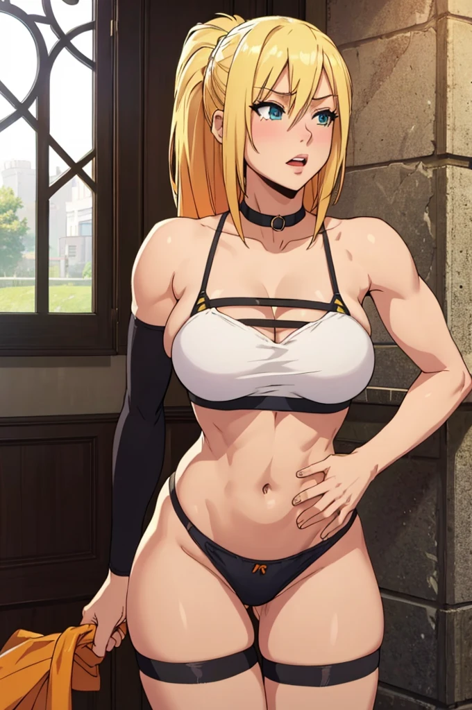 Lalatina Dustiness Ford, hot horny and sexy blonde muscle girl, athletic female body, yellow-orange bra and panties, stockings, choker, only one girl