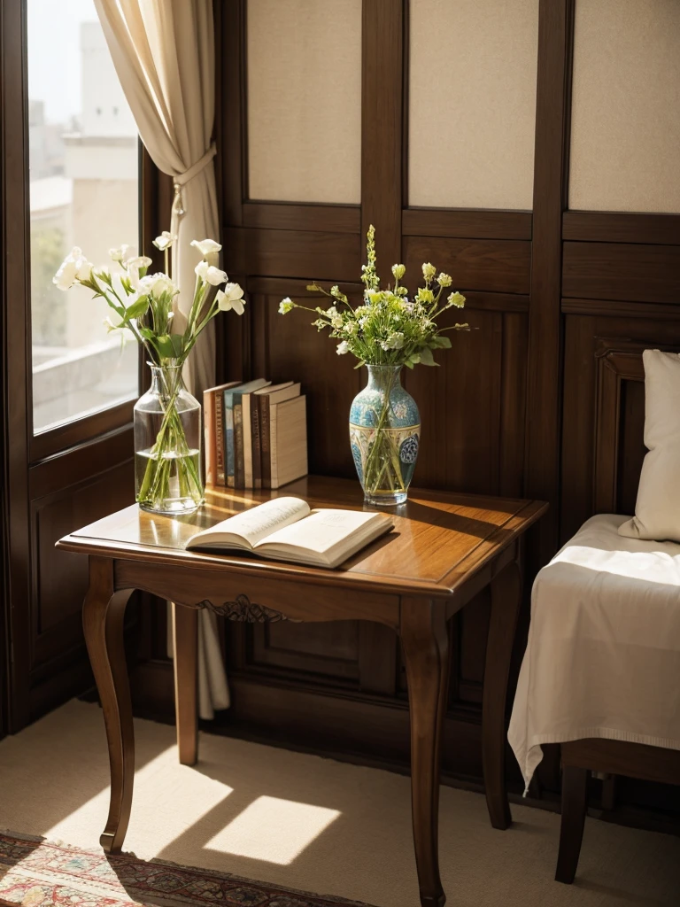 une nature morte ,un vase de fleur poser sur une table , in an Islamic decor plus a window and a book