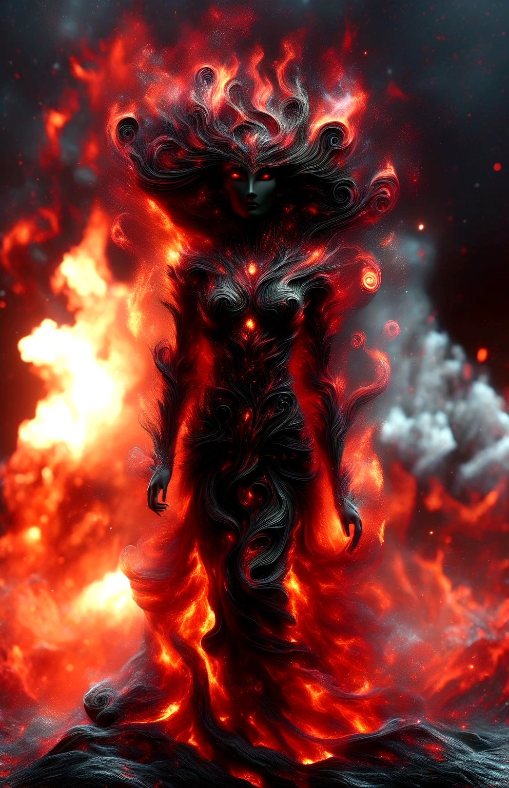 a close up of a statue of a woman with red hair, woman made of black flames, appears as the fire goddess, her body made of flames, lava and fire goddess, 😱 chaos · nightmare resin, unreal engine render + a goddess, resin statue, goddess of the underworld, flames surround her, flame conjuring armored, beautiful elegant demon queen, the fire queen