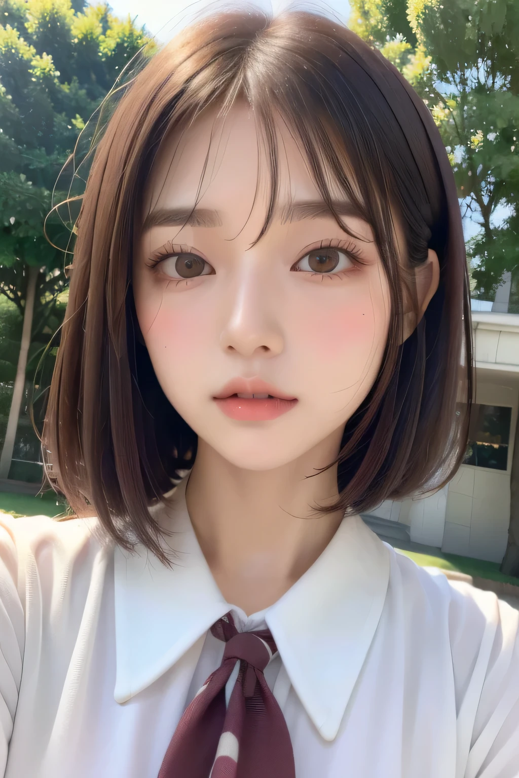 (Highest quality:1.3)、(Masterpiece:1.4)、Raw photo、8k、(Highest Resolution)、(Highest quality)、high resolution、(from the front)、Beautiful face in every detail、Realistic human skin、(Long bob hair:1.3)、(Straight Hair)、(Low hair volume:1.3)、Shirahime cut hairstyle、(Young and pretty Asian face), (Beautiful Asian Girl),((Ulzzang))、(Her eyes are big)、Attractive woman、(Attractive lips)、The corners of the mouth rise、(With bangs))、(No makeup)、Beautiful Hair、(Blushing:1.17)、(Japanese high school girls)、(Schoolgirl uniform)、、(JK Ribbon)、A bow tie、I want to kiss、(I want you to kiss me)、The Temptation of Kissing、garden