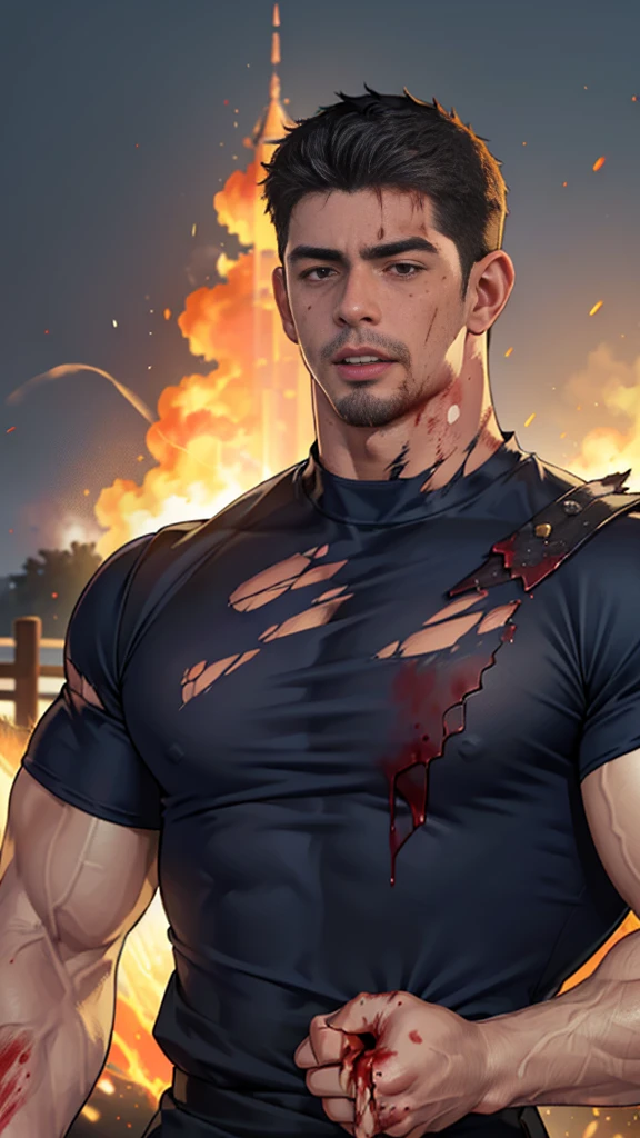 (Create a masterpiece: 1.2),(CGI art:1.3),(realistic:1.5),(After processing:1.3),(Sharp focus:1.3), (man Fight, join in battle:1.5 ),sunglass, straight, front ,Chris Redfield ,(black hair), smile open mouth, (Wear color navy round neck T-shirt: 1.5), (with a Police badge: 1.2), navy cargo, (Torn shirt:1.6), (wound: 1.3) , (blood splatters) ,( abrasions on face: 1.5), (Blood stains on the face and body: 1.4), Korean guy , korean men, (High gloss details), chest muscles, large arm muscles, blood vessel, Big muscles, Broad shoulders, looking at the audience, Balancing the eyes, middle of the road,(Fire blazes behind)