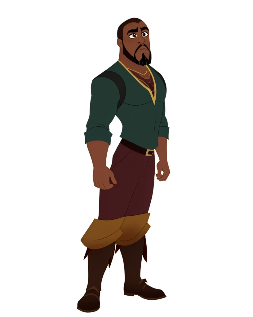 African-American, dark-skinned, low short hair, beard resemblance to Idris Elba, eyepatch. 
