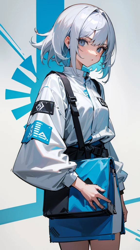 Fullbory, Woman with medium hair parted on the side in white, serious, bright bluish gray eyes, vestindo streetwear, com as maos no bolso.