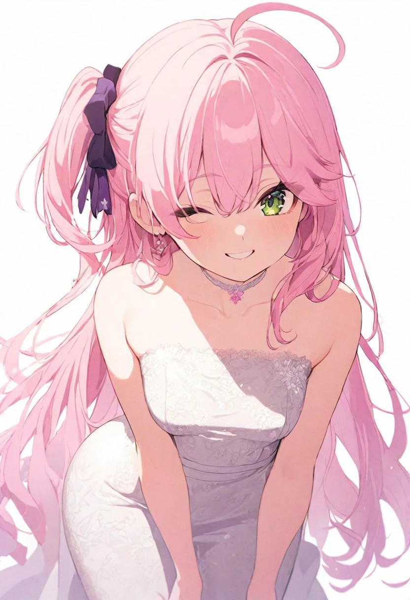 (masterpiece), (best quality), perfect face, beautiful girl, white background background, delicate and beautiful face and eyes, dark intense shadow, 
1 girl, vtuber style, cool girl, hololive,  sakura miko, long hair, ahoge, one side up, light pink evening dress, lace dress, long skirt dress, small chest, cropped shoulders, clavicle, winking, smile, body visible through clothes, chest visible through clothes, ass visible through thighs, High heel, (full body), looking at viewer, standing, 