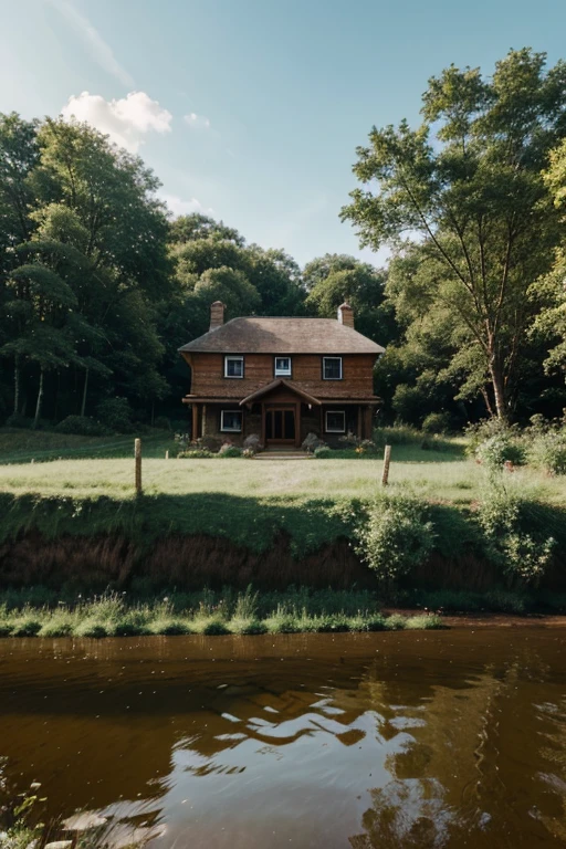 Image of a rural house on the edge of a forest and on the river bank