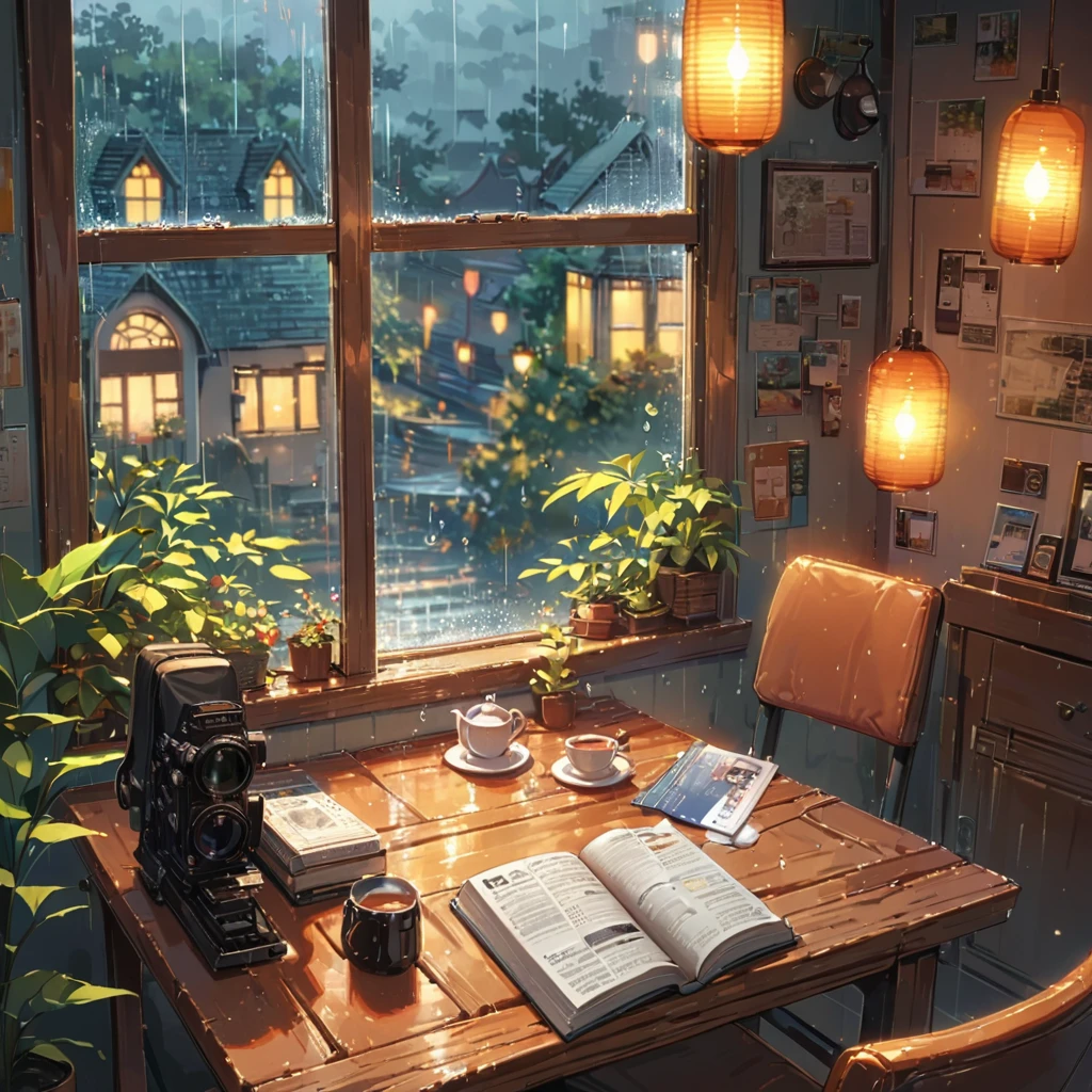 ((anime:1.4,illustration)),(masterpiece, top quality, best quality),(ultra-detailed, absolutely resolution),((16k, high res)), (((cozy cafe interior, rainy day, comfortable chair, book, soft, a large window with raindrops, a steaming cup of tea or coffee on a table, and warm ambient lighting for a serene atmosphere))), ((cozy lofi illustration:1.4)), ((anime:1.4, illustration)),(masterpiece, top quality, best quality),(ultra-detailed, absolutely resolution),((16k, high res)) BREAK {lofi art, style of Laurie Greasley, style of Makoto Shinkai, anime aesthetic}, BREAK { (produces images with information than 40 million pixels with cinematic-like detailed textures shot on a Sony SLR).}