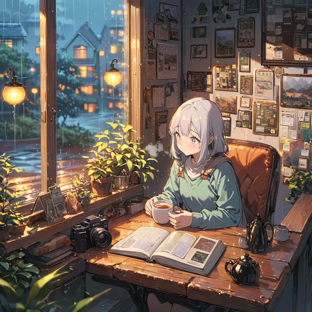 ((anime:1.4,illustration)),(masterpiece, top quality, best quality),(ultra-detailed, absolutely resolution),((16k, high res)), (((cozy cafe interior, rainy day, comfortable chair, book, soft, a large window with raindrops, a steaming cup of tea or coffee on a table, and warm ambient lighting for a serene atmosphere))), ((cozy lofi illustration:1.4)), ((anime:1.4, illustration)),(masterpiece, top quality, best quality),(ultra-detailed, absolutely resolution),((16k, high res)) BREAK {lofi art, style of Laurie Greasley, style of Makoto Shinkai, anime aesthetic}, BREAK { (produces images with information than 40 million pixels with cinematic-like detailed textures shot on a Sony SLR).}