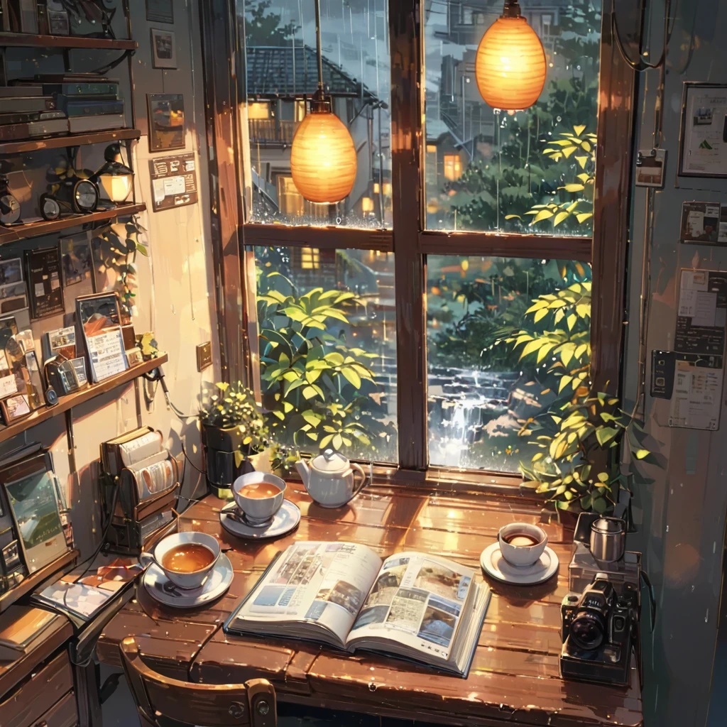 ((anime:1.4,illustration)),(masterpiece, top quality, best quality),(ultra-detailed, absolutely resolution),((16k, high res)), (((cozy cafe interior, rainy day, comfortable chair, book, soft, a large window with raindrops, a steaming cup of tea or coffee on a table, and warm ambient lighting for a serene atmosphere))), ((cozy lofi illustration:1.4)), ((anime:1.4, illustration)),(masterpiece, top quality, best quality),(ultra-detailed, absolutely resolution),((16k, high res)) BREAK {lofi art, style of Laurie Greasley, style of Makoto Shinkai, anime aesthetic}, BREAK { (produces images with information than 40 million pixels with cinematic-like detailed textures shot on a Sony SLR).}