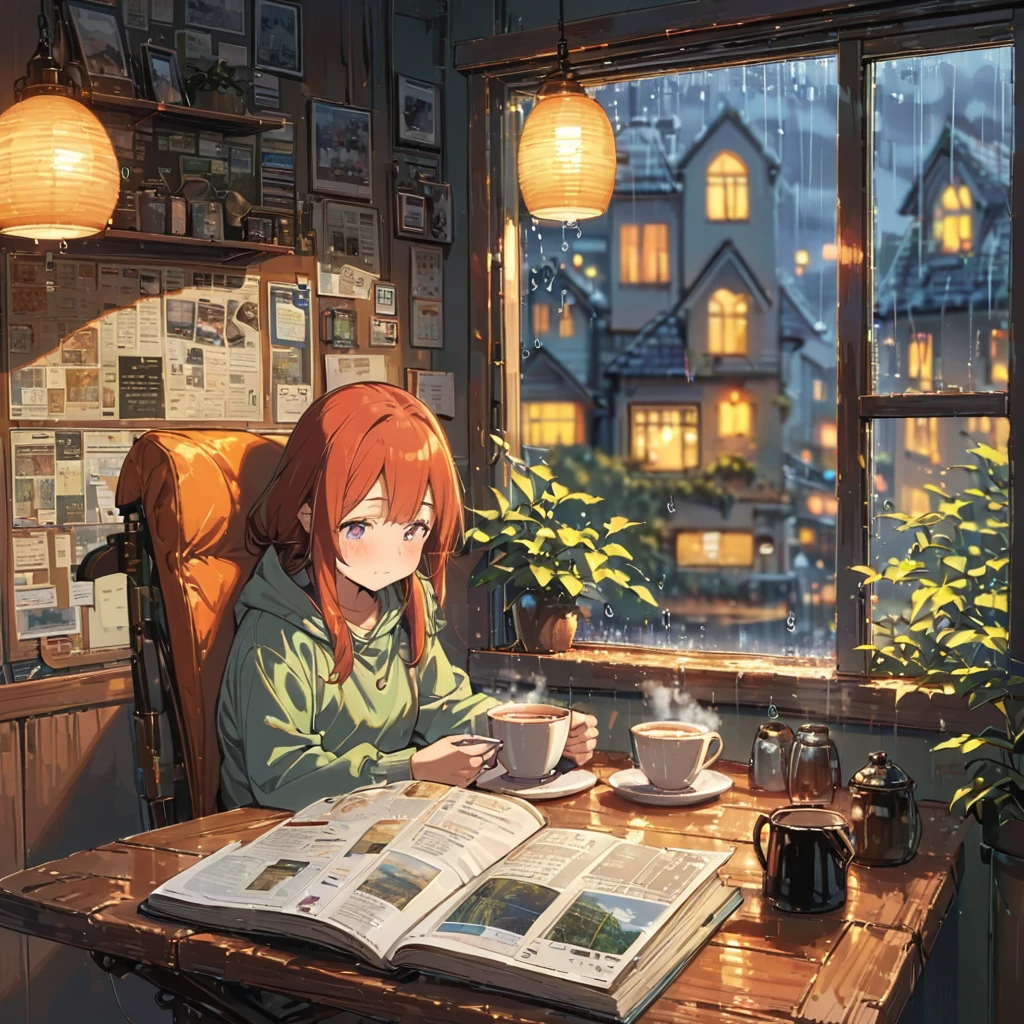 ((anime:1.4,illustration)),(masterpiece, top quality, best quality),(ultra-detailed, absolutely resolution),((16k, high res)), (((cozy cafe interior, rainy day, comfortable chair, book, soft, a large window with raindrops, a steaming cup of tea or coffee on a table, and warm ambient lighting for a serene atmosphere))), ((cozy lofi illustration:1.4)), ((anime:1.4, illustration)),(masterpiece, top quality, best quality),(ultra-detailed, absolutely resolution),((16k, high res)) BREAK {lofi art, style of Laurie Greasley, style of Makoto Shinkai, anime aesthetic}, BREAK { (produces images with information than 40 million pixels with cinematic-like detailed textures shot on a Sony SLR).}