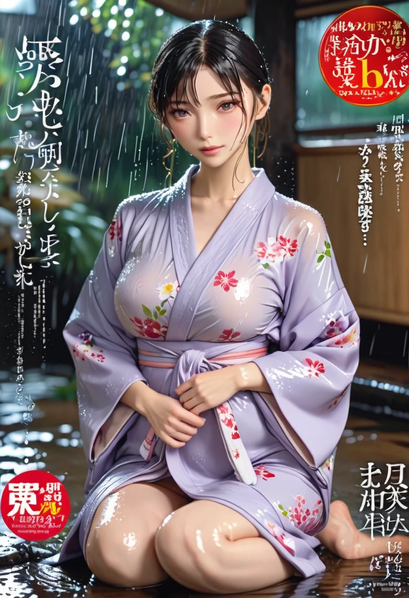 Magazine cover(masterpiece, best quality:1.2),woman,shy(((The eyes are delicate)))Wet body((Wet Kimono)),underwear,Wet floor,rain(8K)(HD)